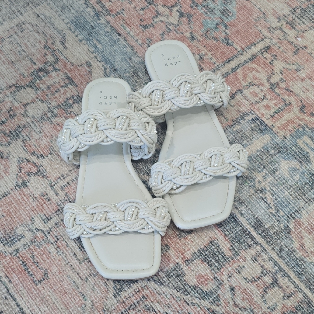 A New Day Women's White Braided Sandals With Pearl Accents